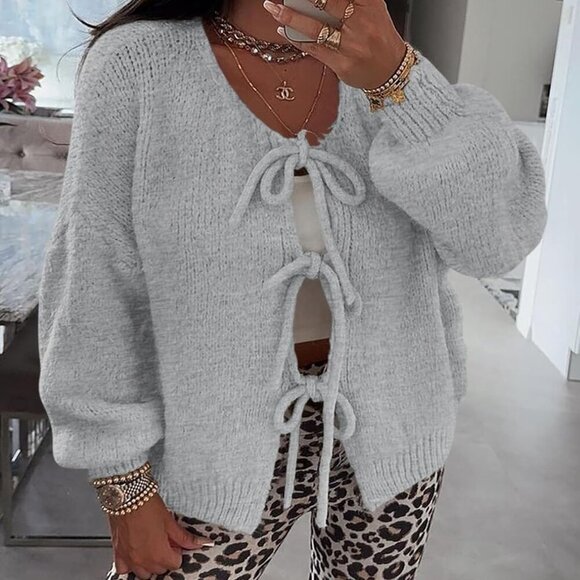 Women's Tie Front Bow Cardigan Sweaters Chunky Knit Long Puff Sleeve Trendy Fall - Picture 7 of 8